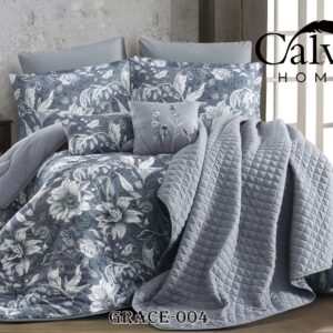 GRACE Premium Floral Quilt with Extra Cushion Cover, 9 Pieces – Steel Blue